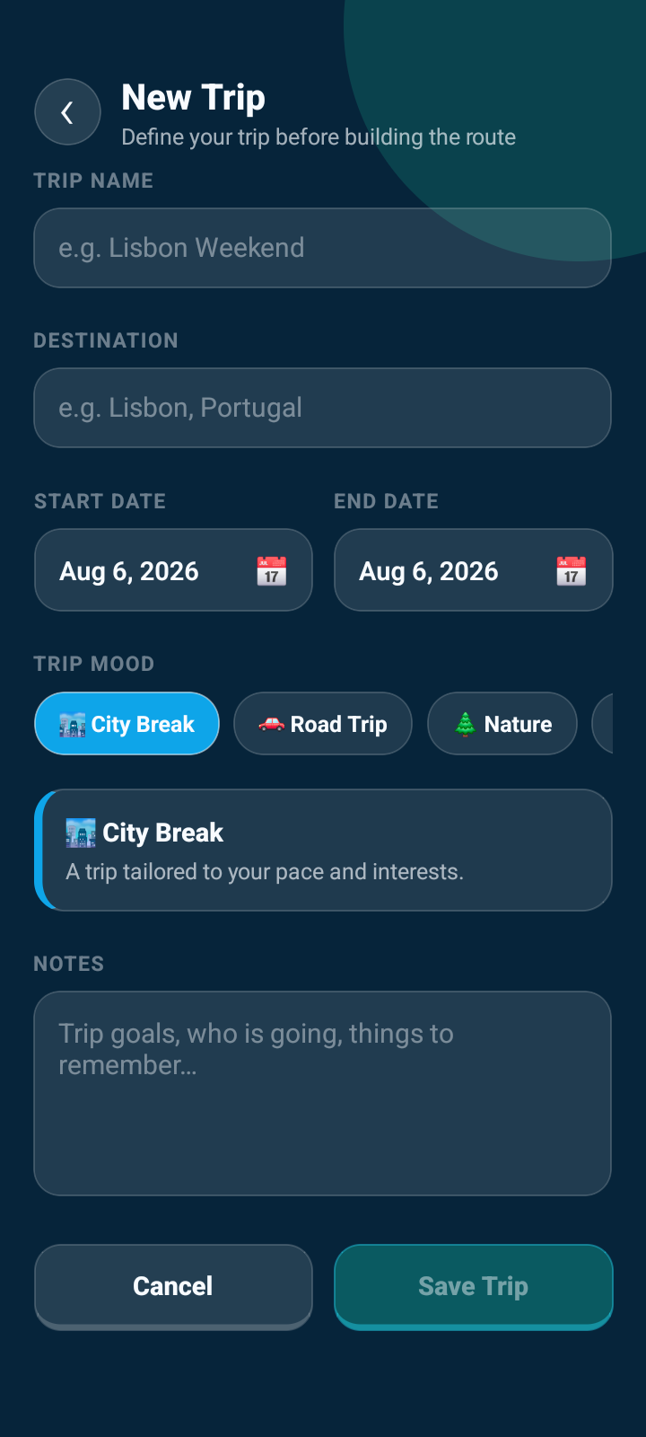Route Harmony new trip screen